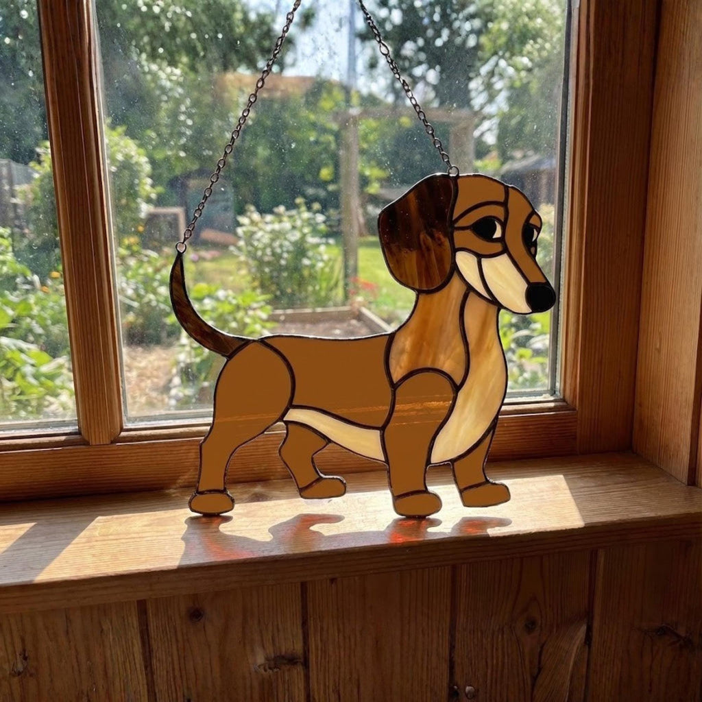 Stained Glass Dachshund Suncatcher, Pet Memorial Gift, Wiener Dog Art, Sausage Dog Ornament, Dog Lover Gift for Mom, Window Hanging