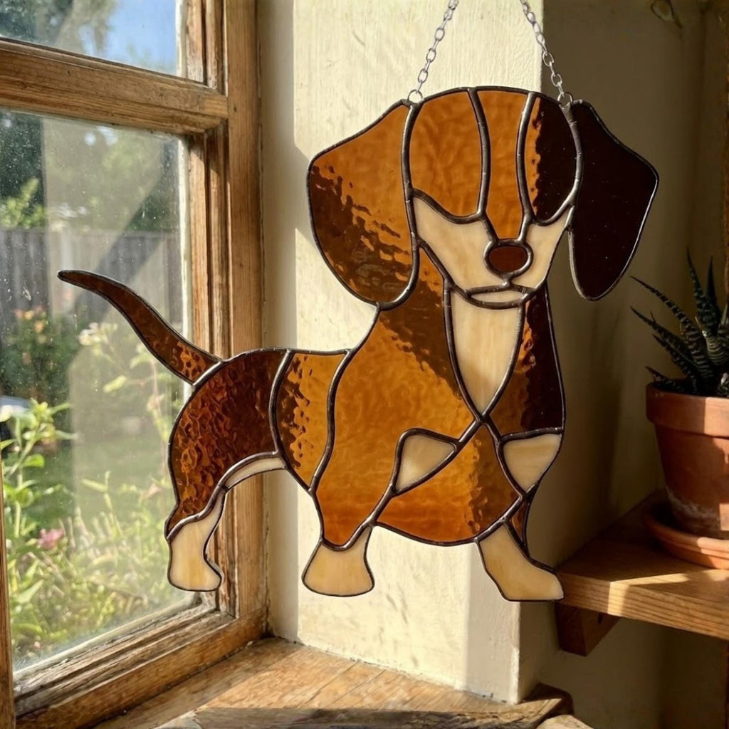Stained Glass Dachshund Suncatcher, Pet Memorial Gift, Wiener Dog Art, Sausage Dog Ornament, Dog Lover Gift for Mom, Window Hanging