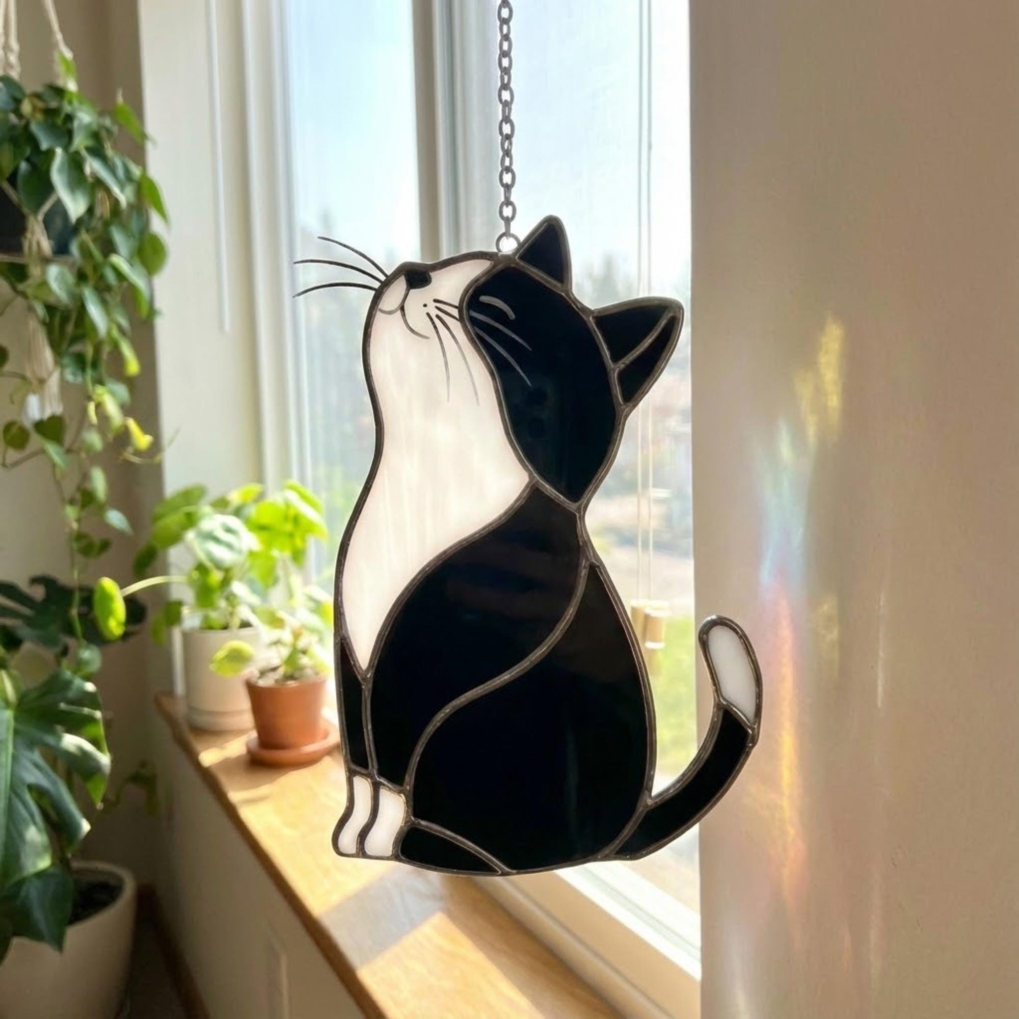 Black Cat Stained Glass Suncatcher, Pet Memorial Gift for Her, Tuxedo Cat Ornament, Cat Mom Birthday Gift, Window Hanging Decor