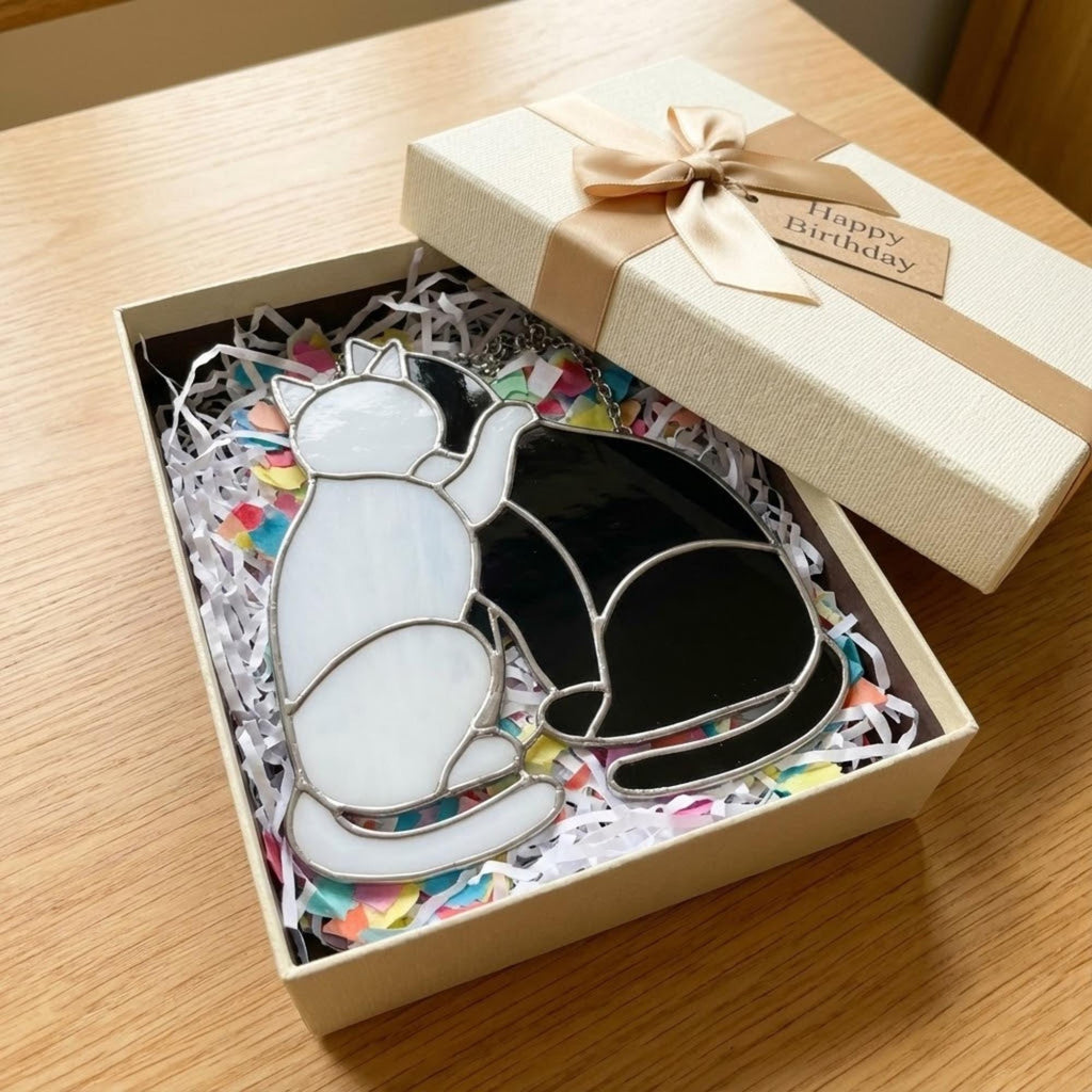 Black Cat Stained Glass Suncatcher, Pet Memorial Gift for Her, Tuxedo Cat Ornament, Cat Mom Birthday Gift, Window Hanging Decor