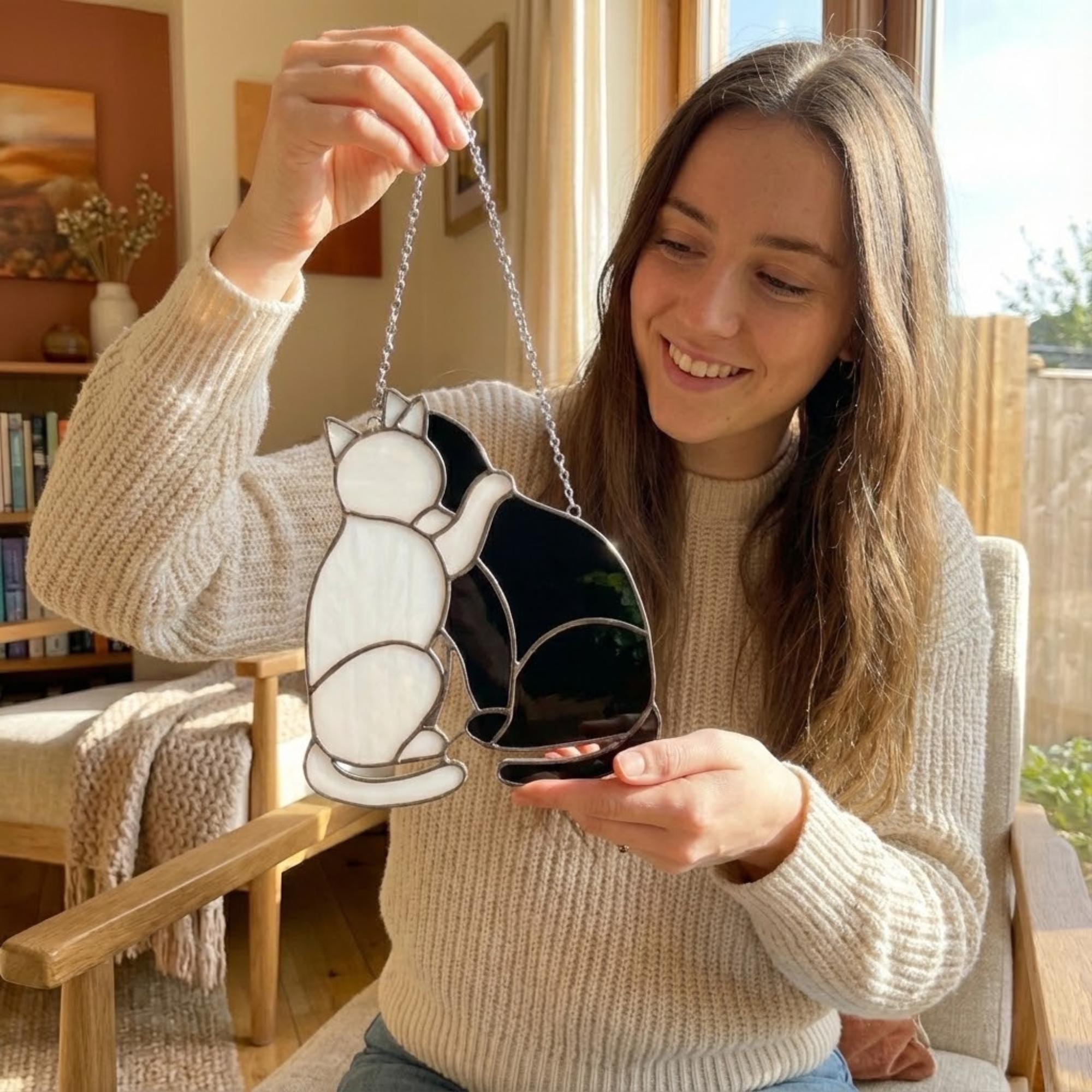 Black Cat Stained Glass Suncatcher, Pet Memorial Gift for Her, Tuxedo Cat Ornament, Cat Mom Birthday Gift, Window Hanging Decor