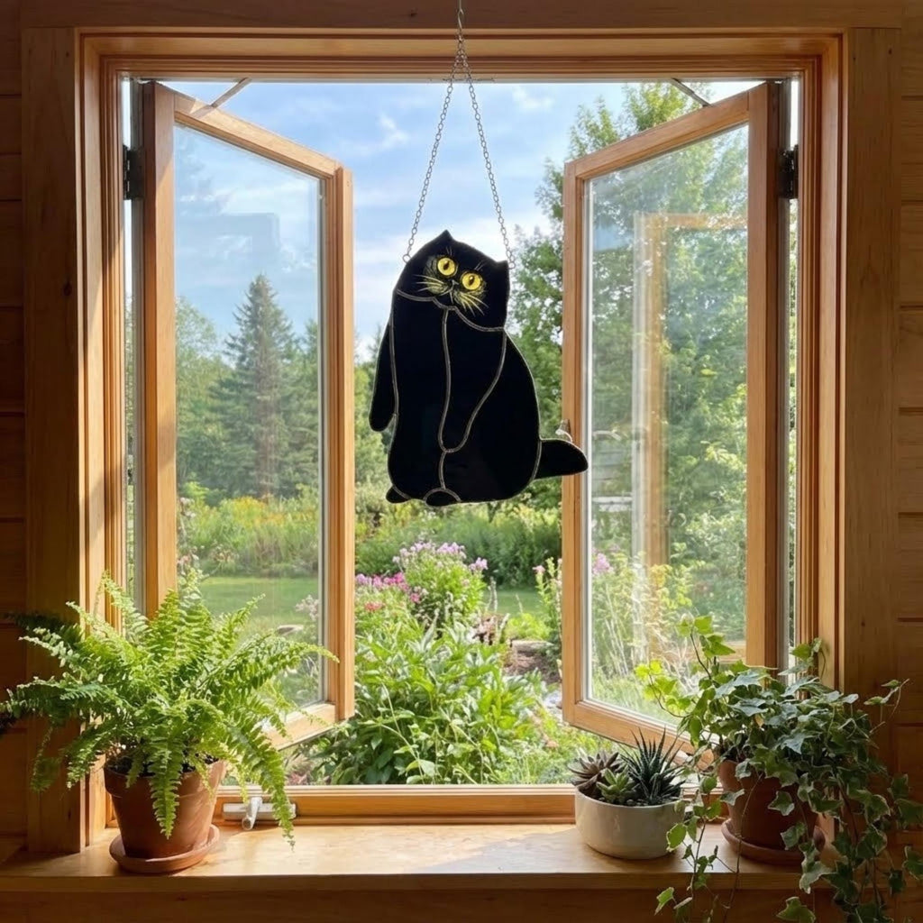 Black Cat Stained Glass Suncatcher, Pet Memorial Gift for Her, Tuxedo Cat Ornament, Cat Mom Birthday Gift, Window Hanging Decor