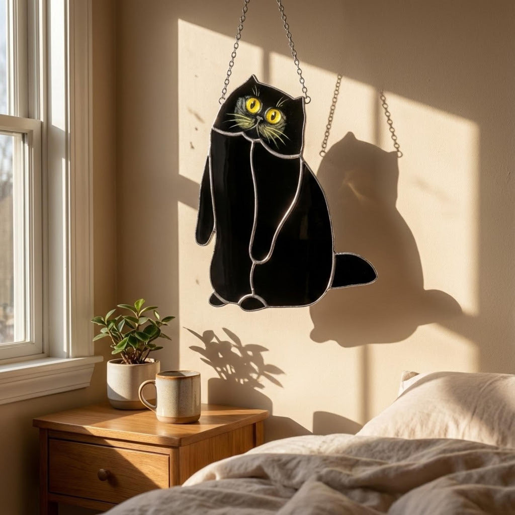 Black Cat Stained Glass Suncatcher, Pet Memorial Gift for Her, Tuxedo Cat Ornament, Cat Mom Birthday Gift, Window Hanging Decor