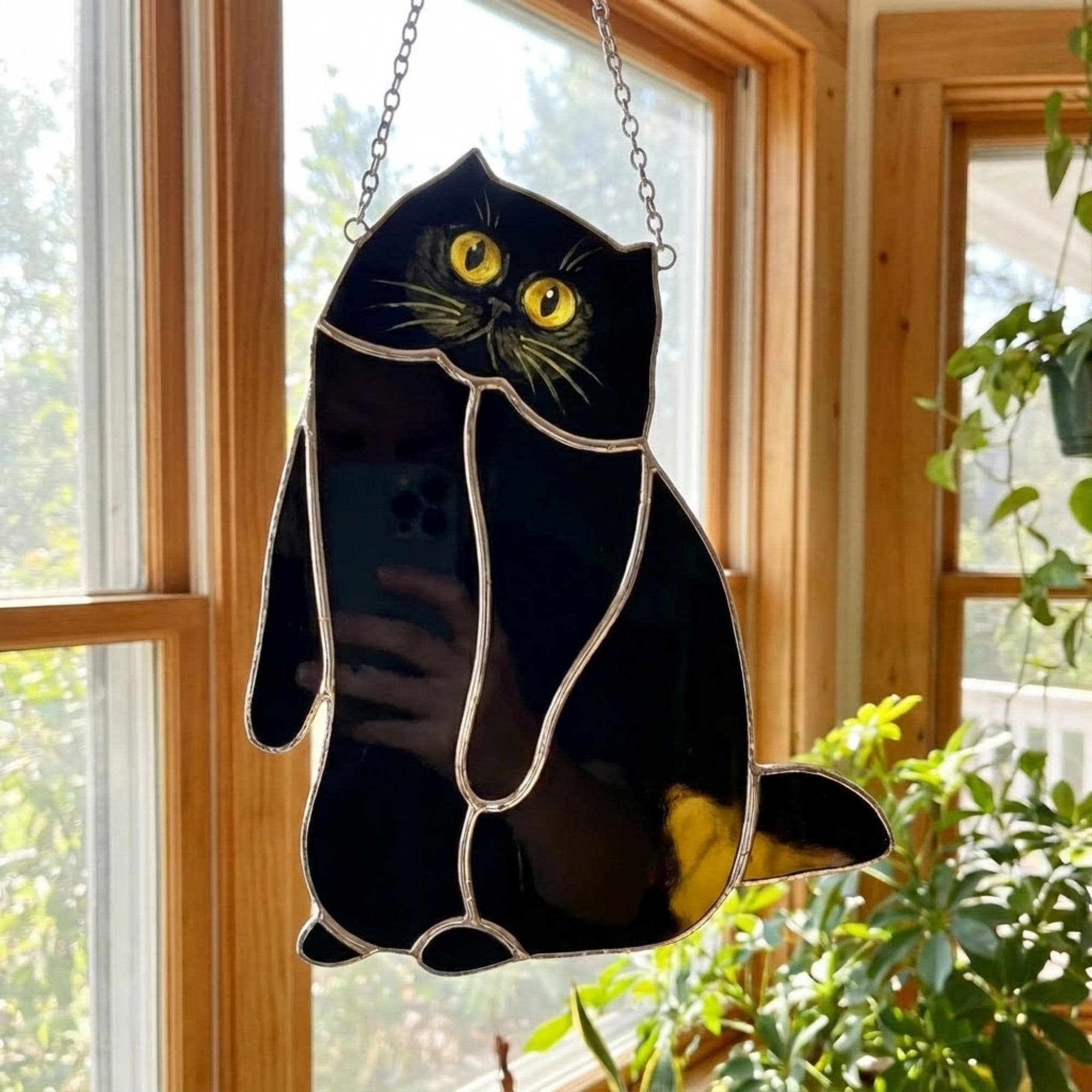 Black Cat Stained Glass Suncatcher, Pet Memorial Gift for Her, Tuxedo Cat Ornament, Cat Mom Birthday Gift, Window Hanging Decor