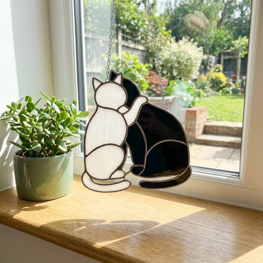 Black Cat Stained Glass Suncatcher, Pet Memorial Gift for Her, Tuxedo Cat Ornament, Cat Mom Birthday Gift, Window Hanging Decor