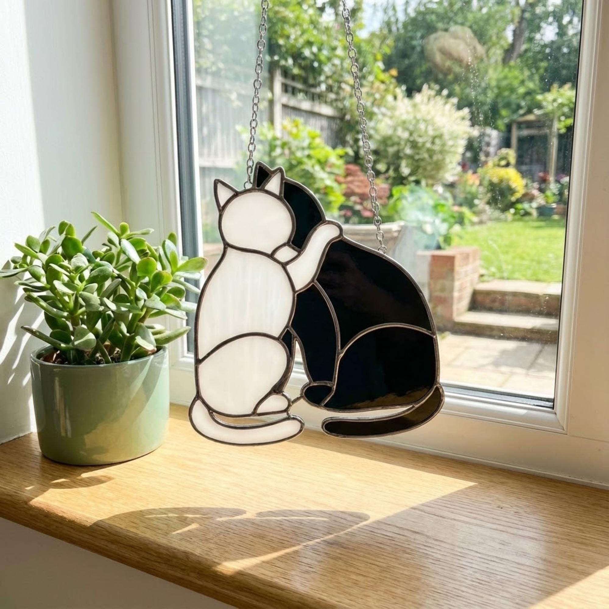 Black Cat Stained Glass Suncatcher, Pet Memorial Gift for Her, Tuxedo Cat Ornament, Cat Mom Birthday Gift, Window Hanging Decor