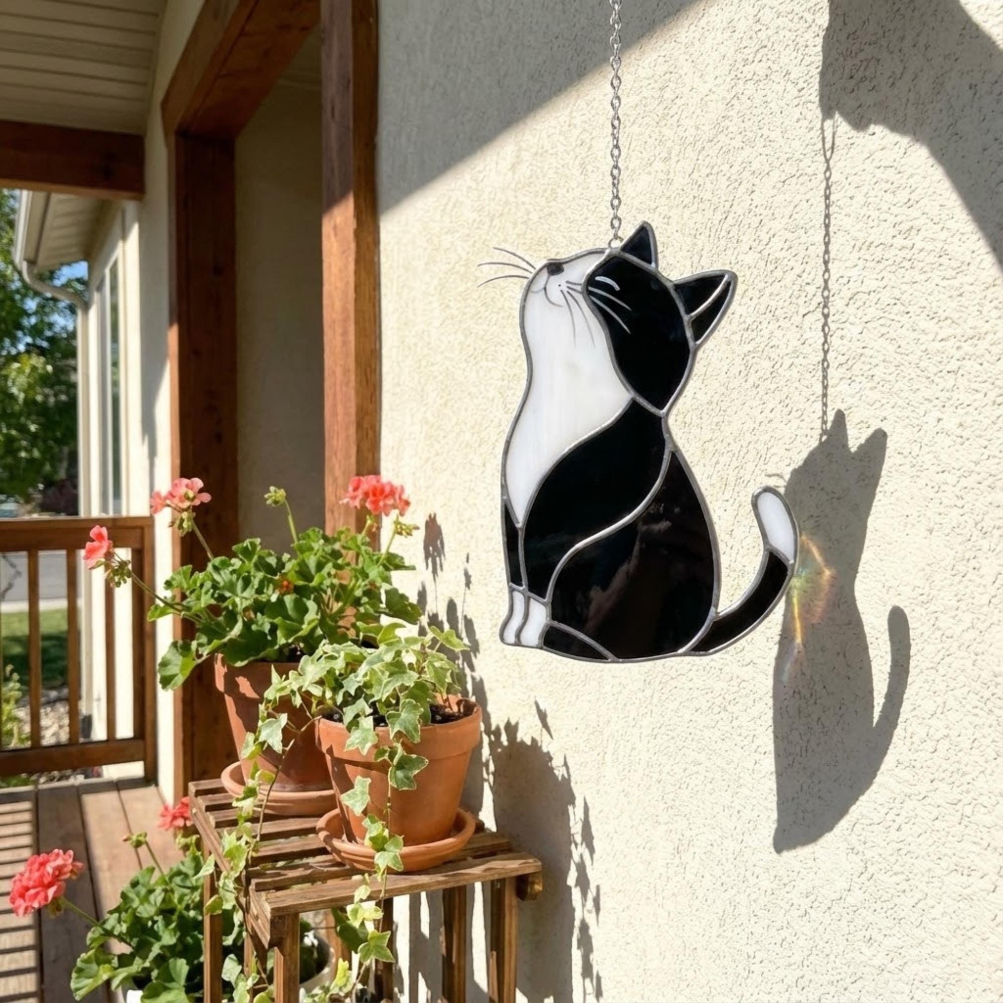 Black Cat Stained Glass Suncatcher, Pet Memorial Gift for Her, Tuxedo Cat Ornament, Cat Mom Birthday Gift, Window Hanging Decor