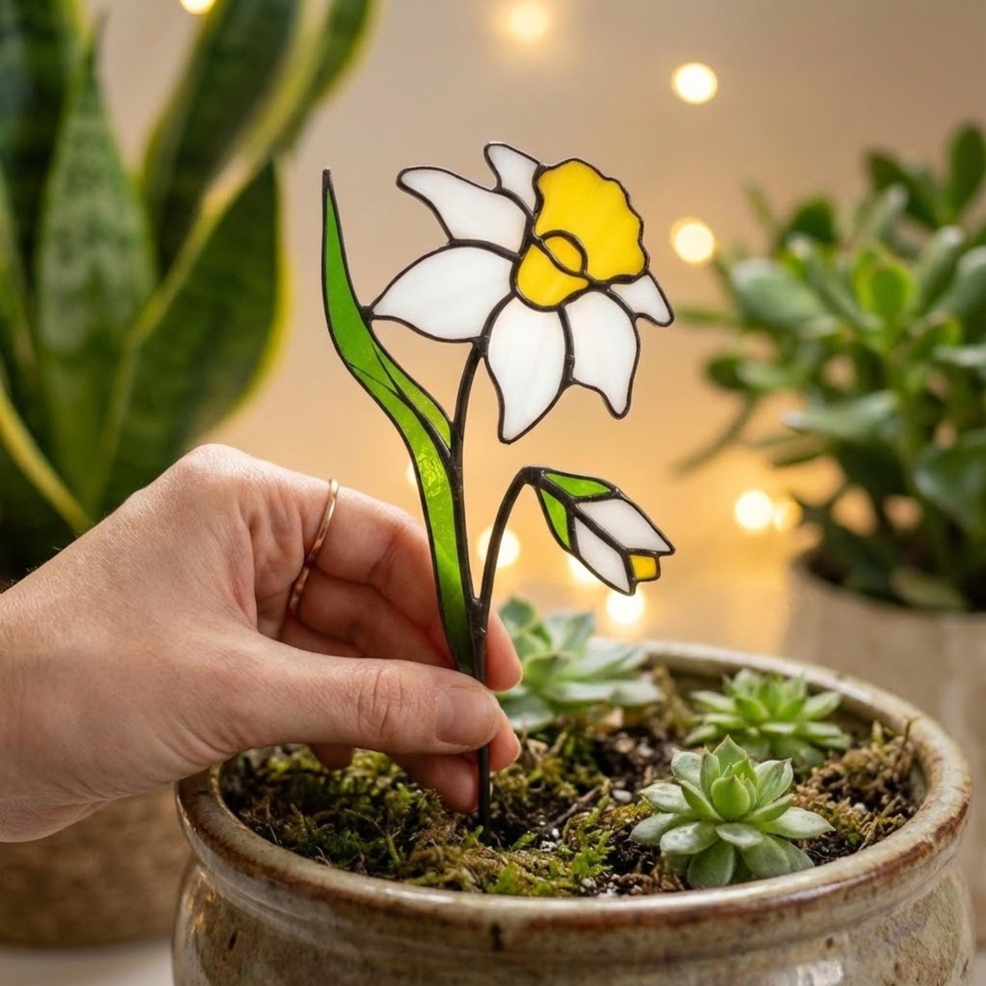 Stained Glass Narcissus, December Birth Flower Gift, Winter Birthday Gift for Her, Christmas Table Decor, Flower Stake