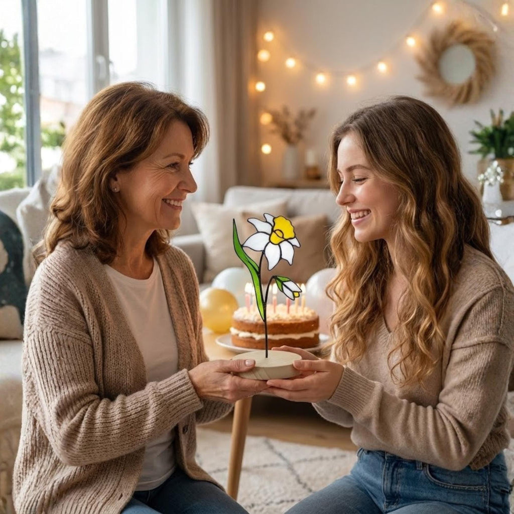 Stained Glass Narcissus, December Birth Flower Gift, Winter Birthday Gift for Her, Christmas Table Decor, Flower Stake