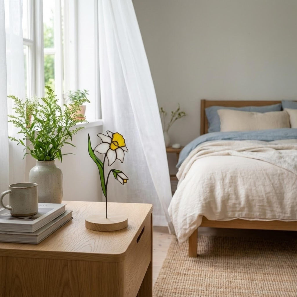 Stained Glass Narcissus, December Birth Flower Gift, Winter Birthday Gift for Her, Christmas Table Decor, Flower Stake