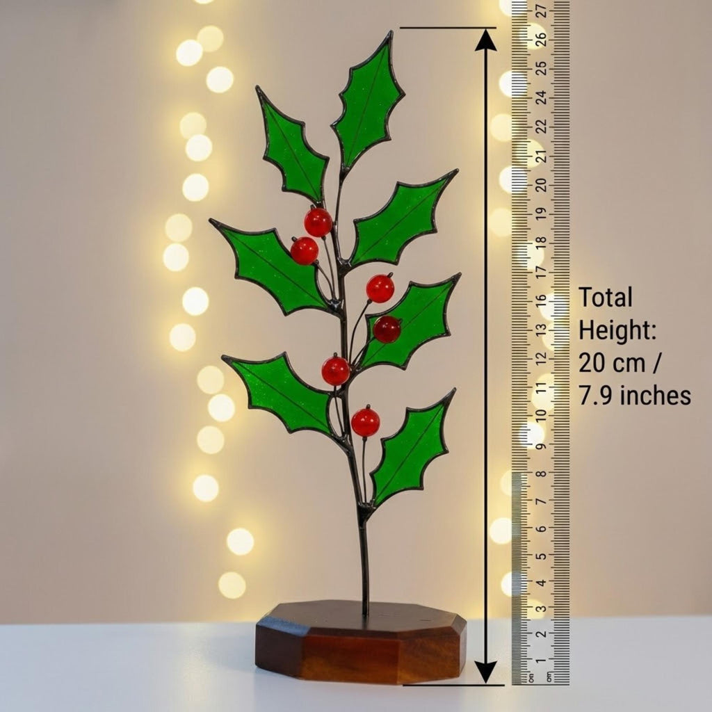 Size chart showing stained glass holly branch height is 20 cm or 7.9 inches with ruler.