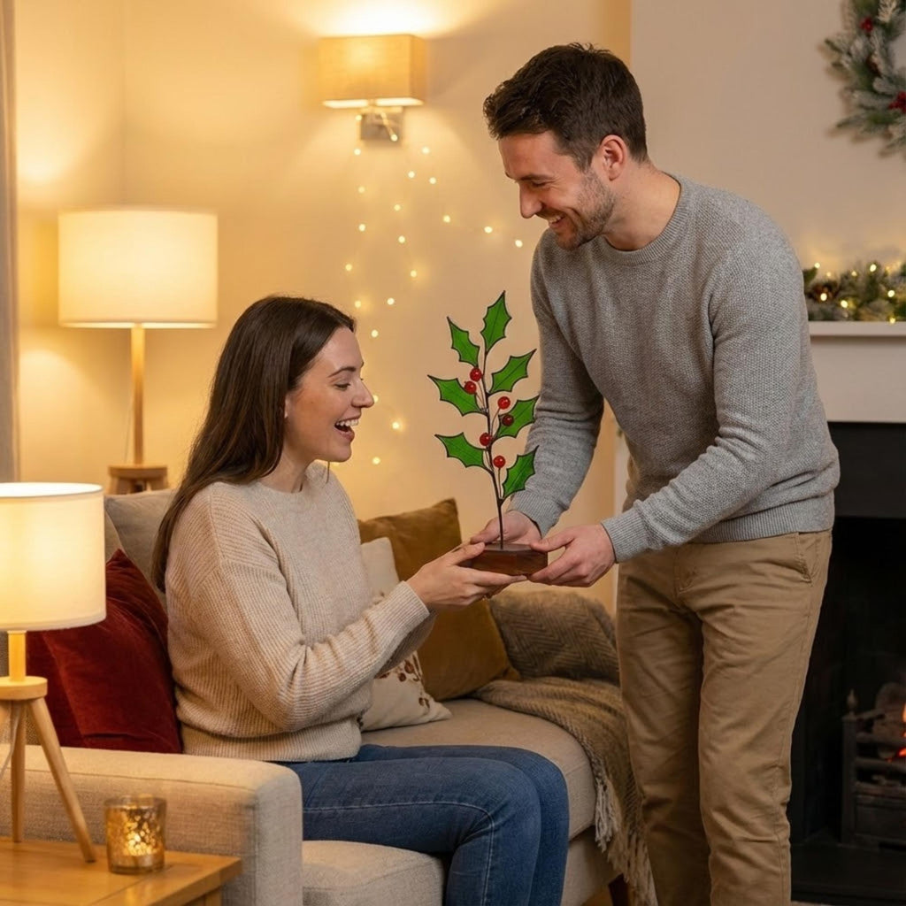 Couple exchanging Christmas gift in warm lighting, stained glass holly ornament gift idea