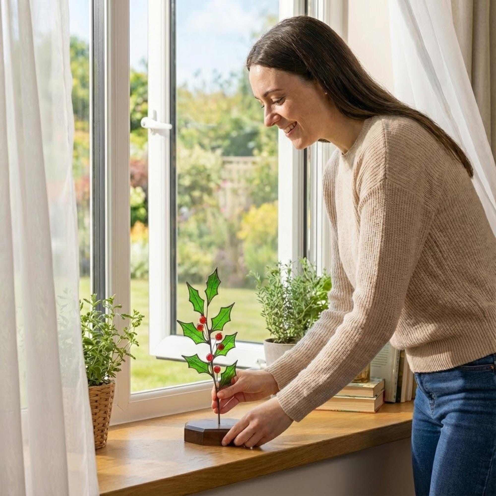 Woman placing a stained glass holly suncatcher on a sunny window sill, winter window decoration.
