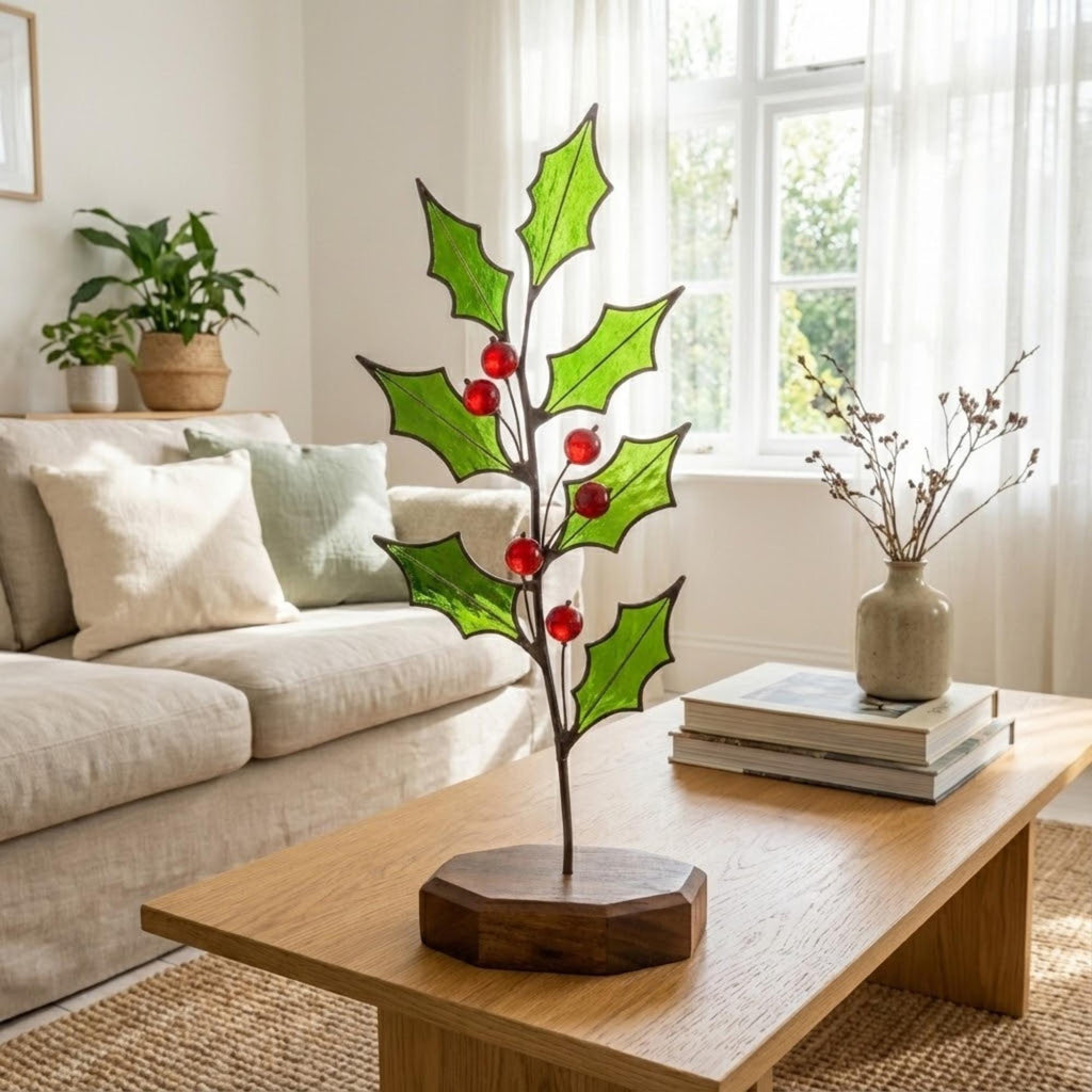Stained glass holly branch centerpiece on coffee table, modern farmhouse Christmas decor