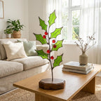 Stained glass holly branch centerpiece on coffee table, modern farmhouse Christmas decor