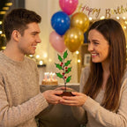 Happy couple celebrating birthday with stained glass gift, December birthday gift idea