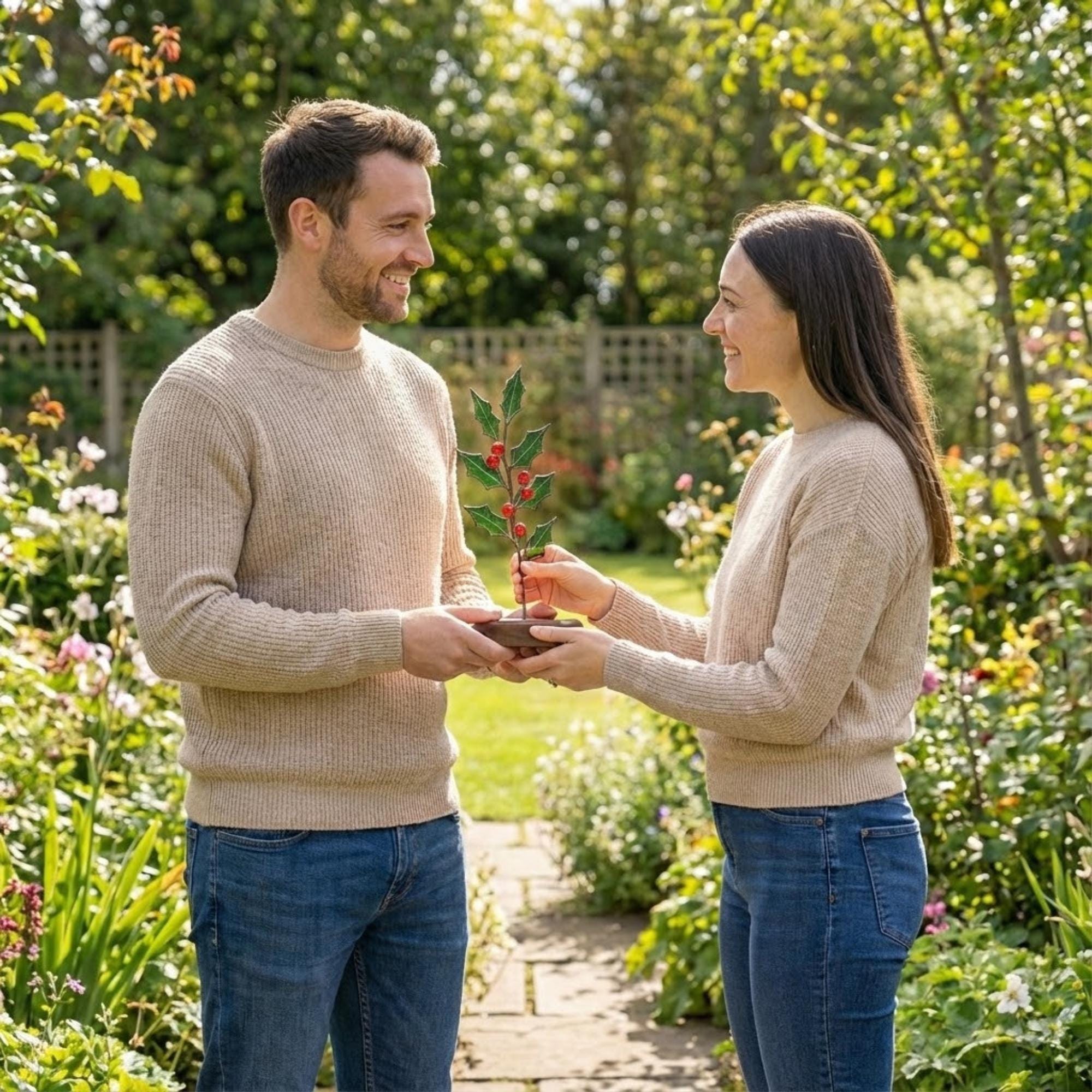 Man giving a unique stained glass flower gift to woman in the garden, romantic holiday gift.