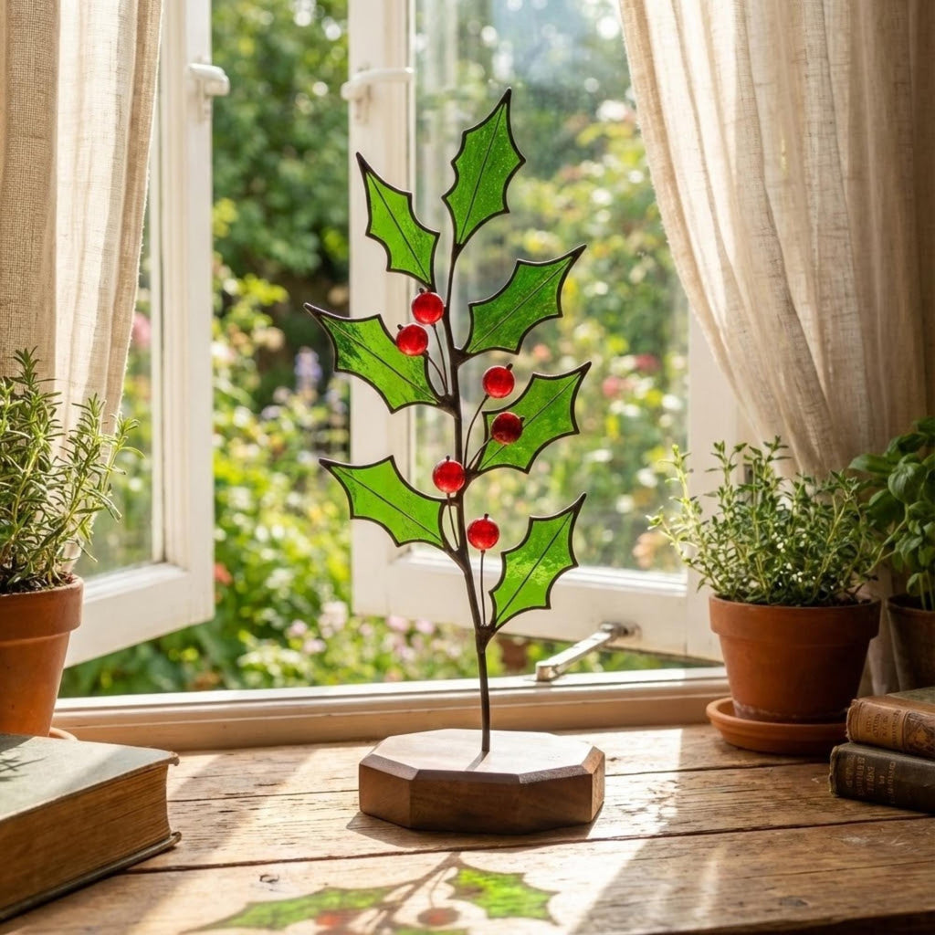 Sunlight shining through green stained glass holly leaves on wooden window frame.