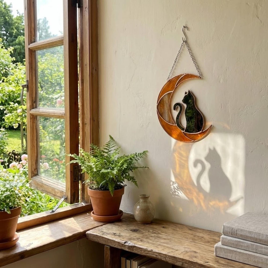 Stained Glass Black Cat on Moon, Pet Memorial Gift, Cat Lover Suncatcher, Celestial Window Hanging, Christmas Gift for Her, Mom