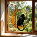 Stained Glass Black Cat on Moon, Pet Memorial Gift, Cat Lover Suncatcher, Celestial Window Hanging, Christmas Gift for Her, Mom