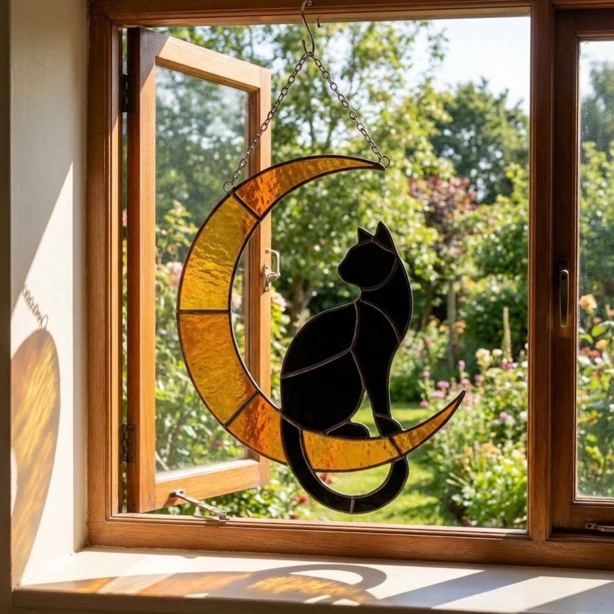Stained Glass Black Cat on Moon, Pet Memorial Gift, Cat Lover Suncatcher, Celestial Window Hanging, Christmas Gift for Her, Mom