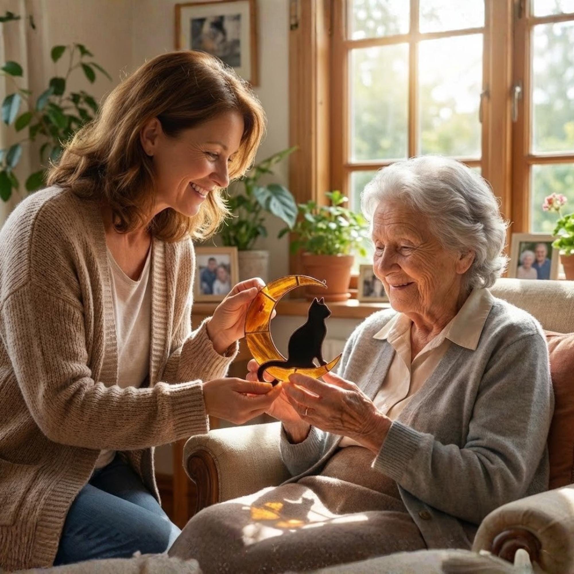 Stained Glass Black Cat on Moon, Pet Memorial Gift, Cat Lover Suncatcher, Celestial Window Hanging, Christmas Gift for Her, Mom