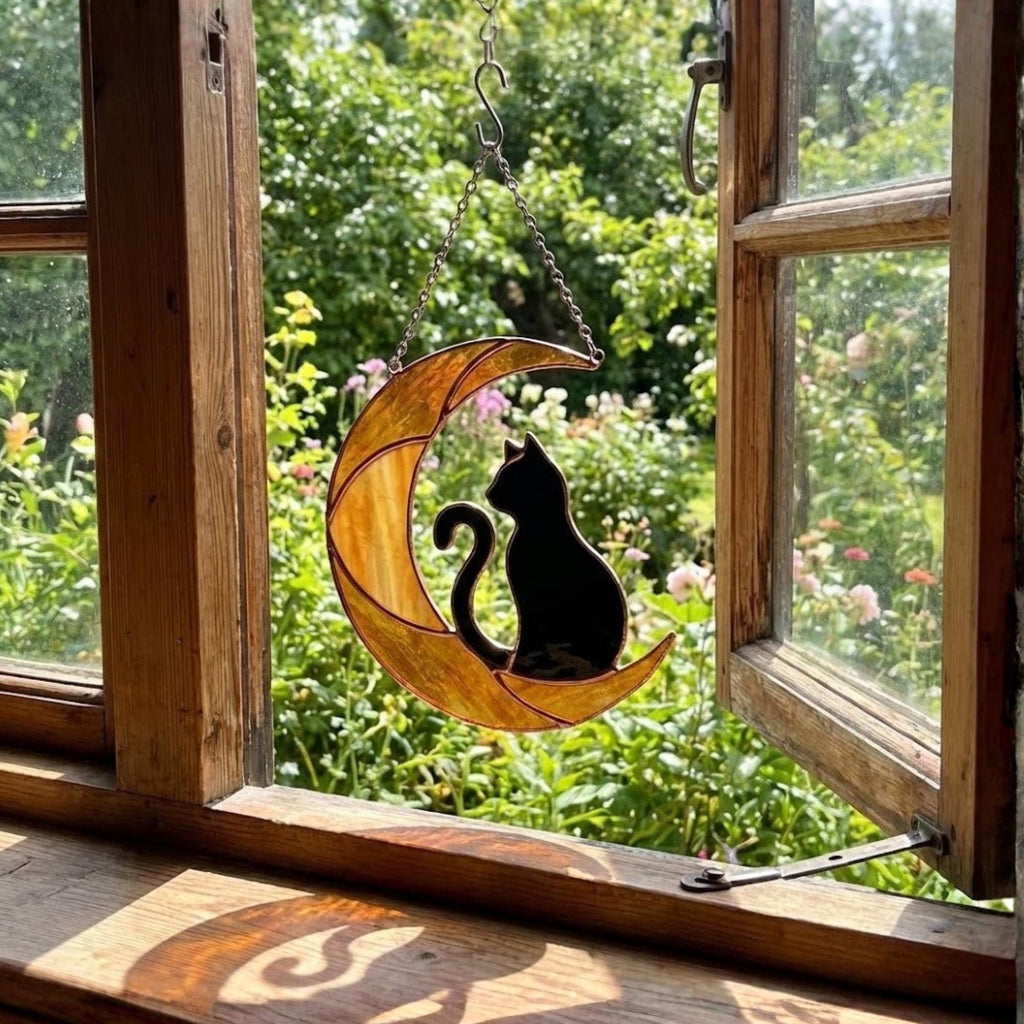 Stained Glass Black Cat on Moon, Pet Memorial Gift, Cat Lover Suncatcher, Celestial Window Hanging, Christmas Gift for Her, Mom