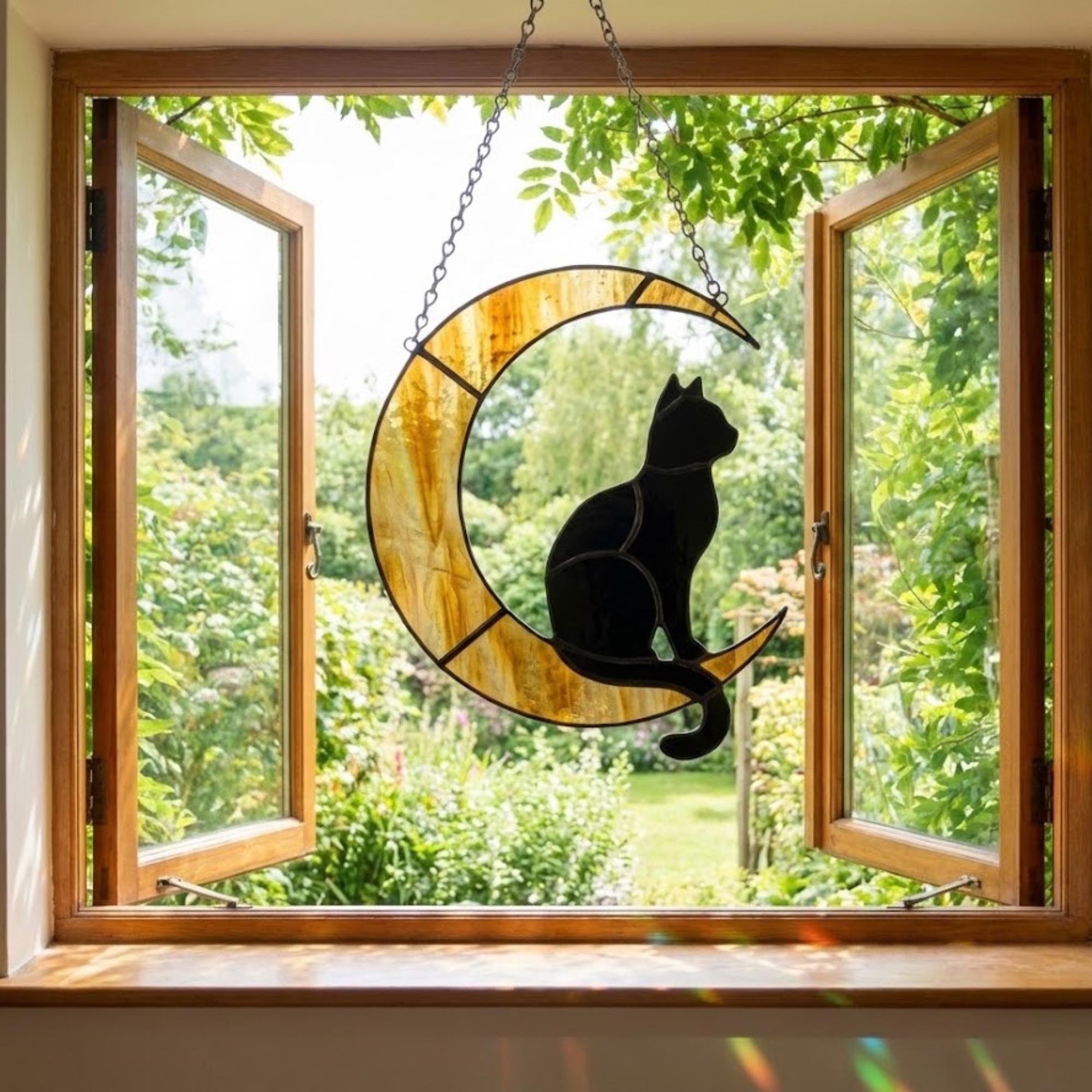Stained Glass Black Cat on Moon, Pet Memorial Gift, Cat Lover Suncatcher, Celestial Window Hanging, Christmas Gift for Her, Mom
