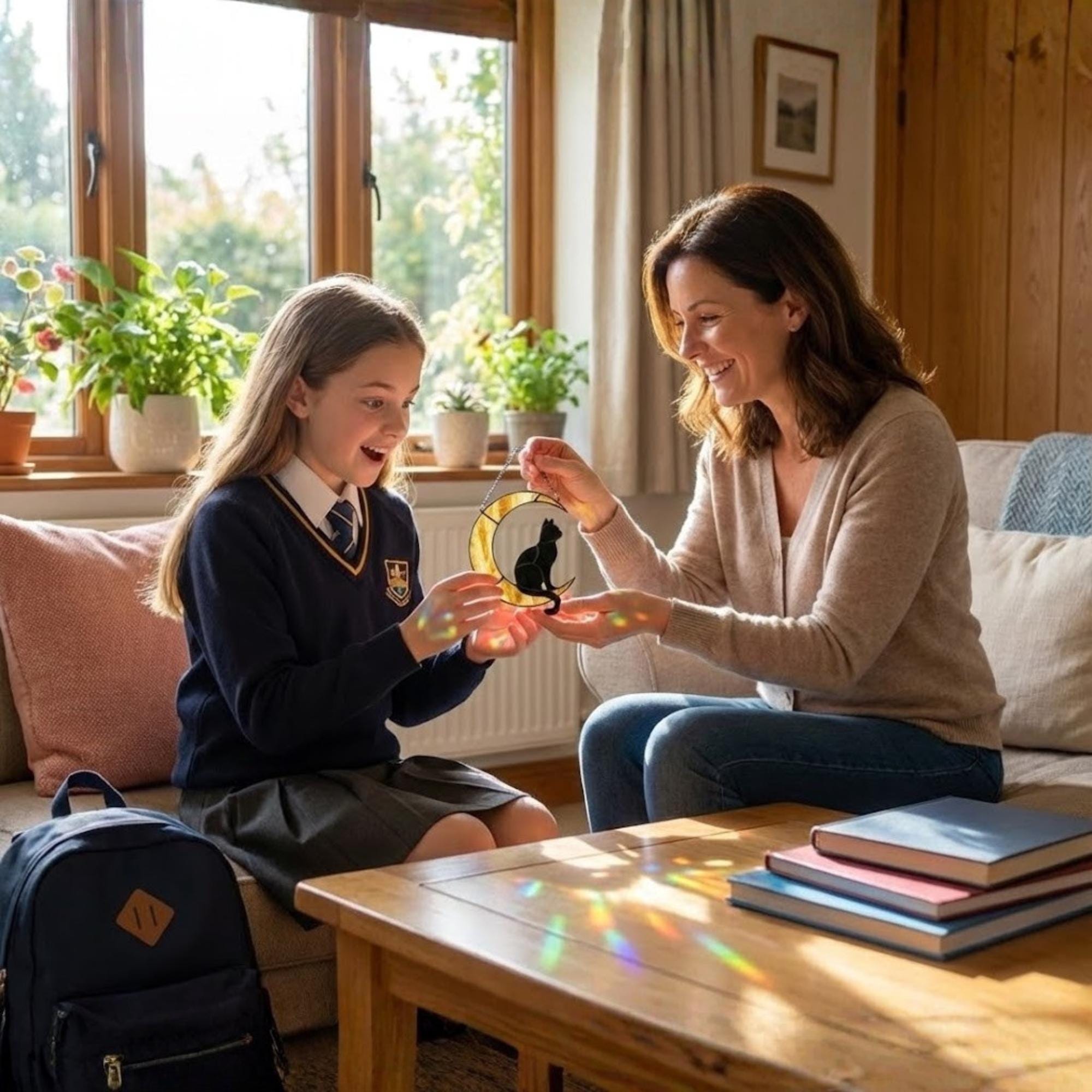 Stained Glass Black Cat on Moon, Pet Memorial Gift, Cat Lover Suncatcher, Celestial Window Hanging, Christmas Gift for Her, Mom