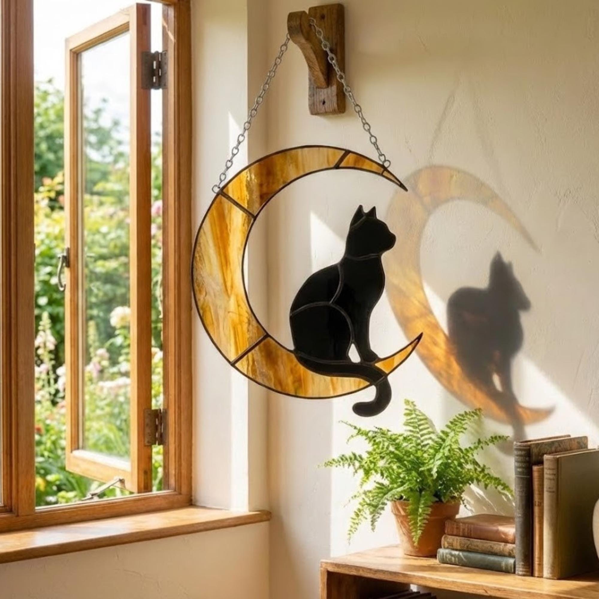 Stained Glass Black Cat on Moon, Pet Memorial Gift, Cat Lover Suncatcher, Celestial Window Hanging, Christmas Gift for Her, Mom