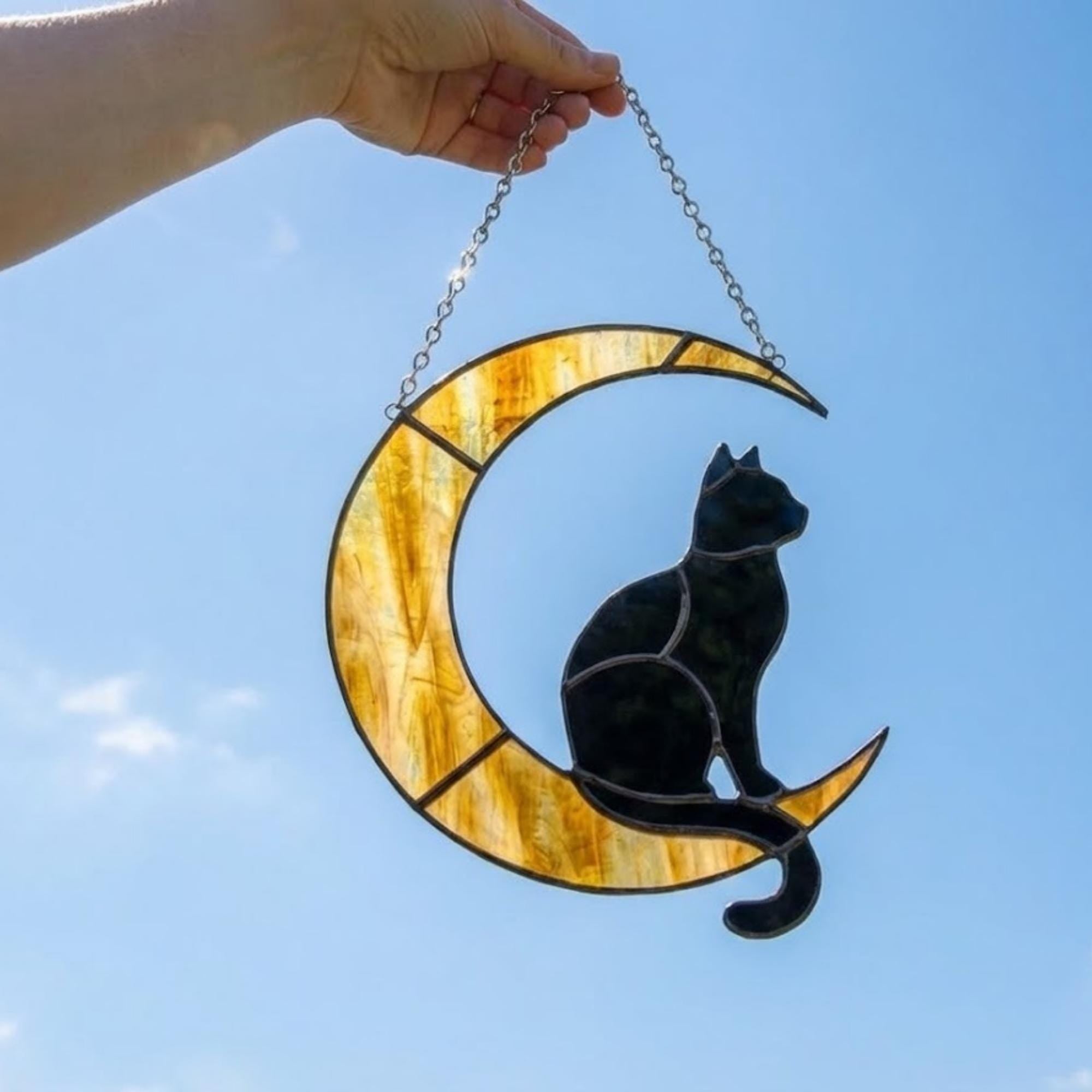 Stained Glass Black Cat on Moon, Pet Memorial Gift, Cat Lover Suncatcher, Celestial Window Hanging, Christmas Gift for Her, Mom