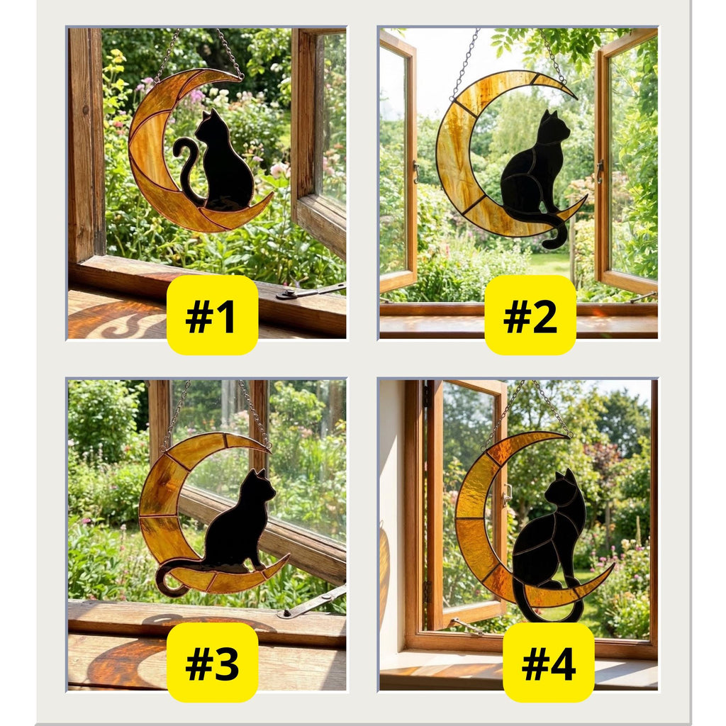 Stained Glass Black Cat on Moon, Pet Memorial Gift, Cat Lover Suncatcher, Celestial Window Hanging, Christmas Gift for Her, Mom