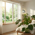 Stained glass cat window hanging in cozy modern living room, spring home decor.