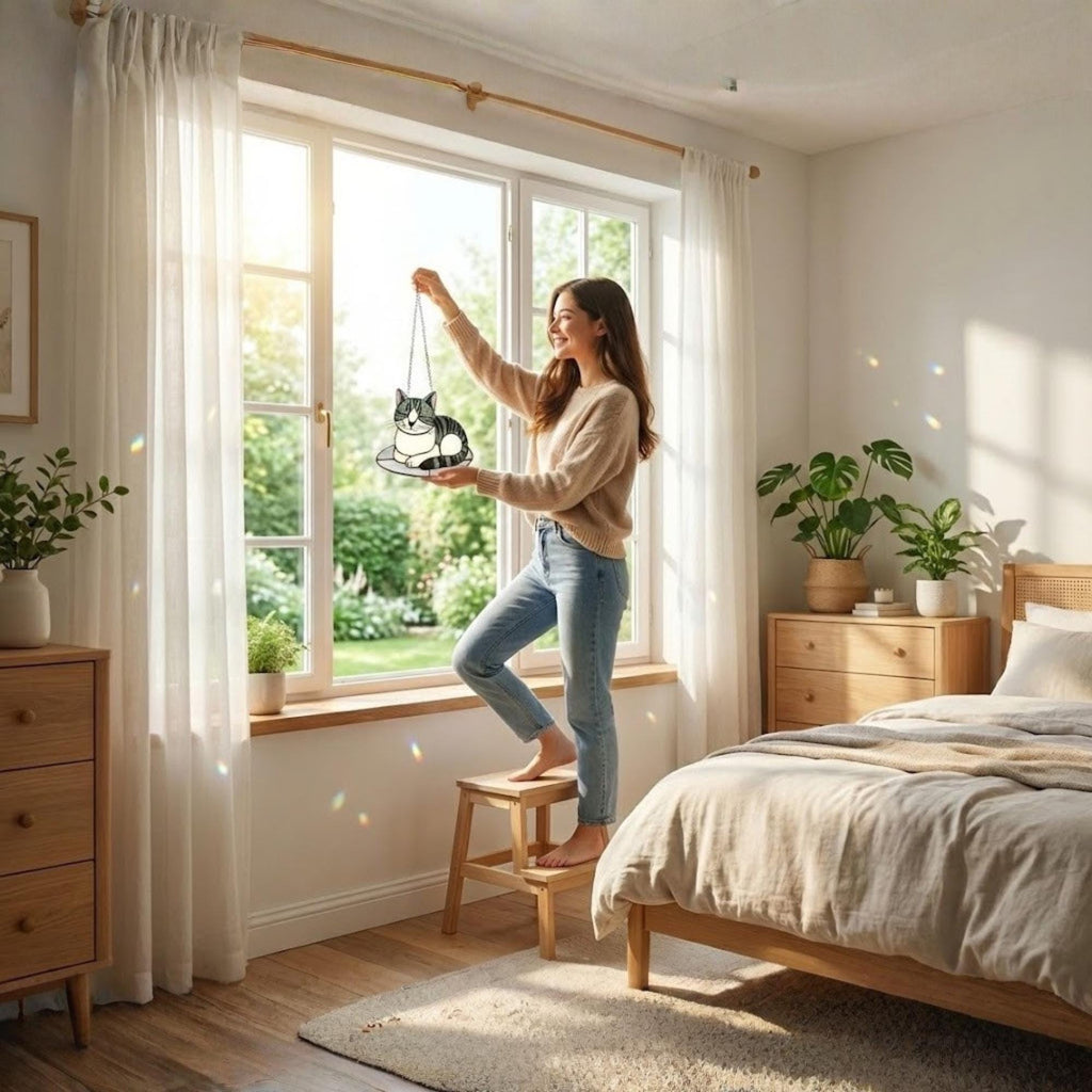 Woman hanging a grey tabby cat suncatcher on bright bedroom window.
