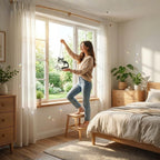 Woman hanging a grey tabby cat suncatcher on bright bedroom window.