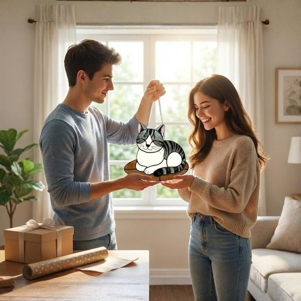 Man giving stained glass cat gift to girlfriend, romantic present for pet lover.