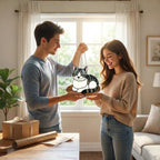 Man giving stained glass cat gift to girlfriend, romantic present for pet lover.