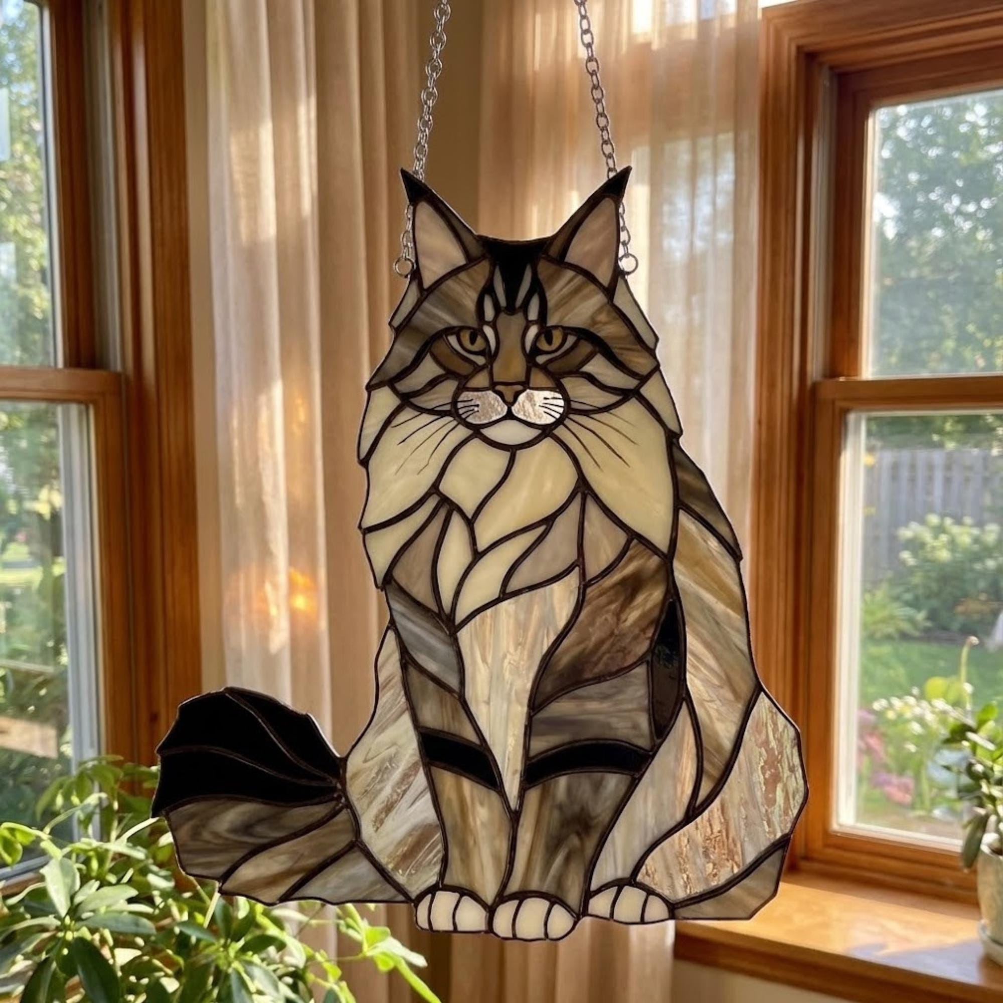 Majestic Maine Coon cat stained glass window hanging, forest cat art.