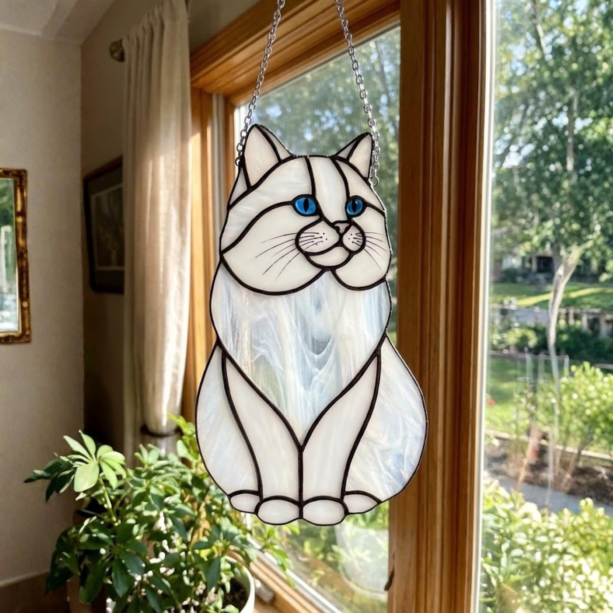 Pure white Persian cat stained glass, angel cat memorial gift for loss of pet. 10.
