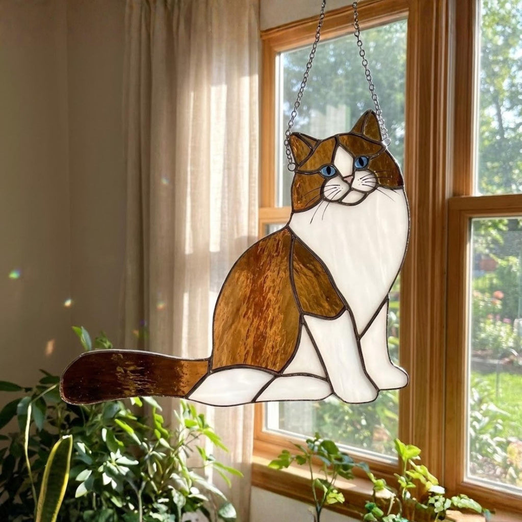 Calico tabby mix stained glass cat, tortoiseshell cat lover gift