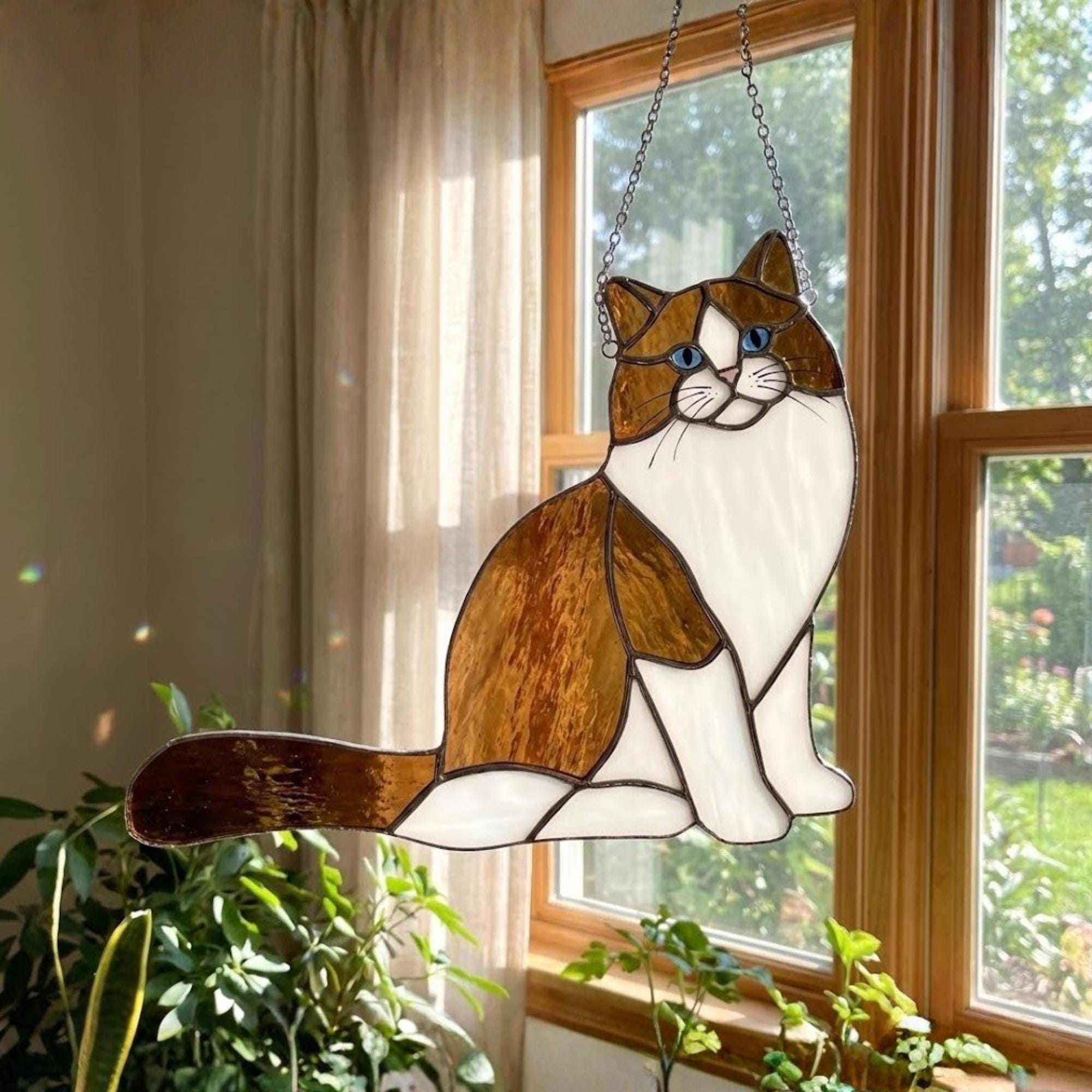 Calico tabby mix stained glass cat, tortoiseshell cat lover gift