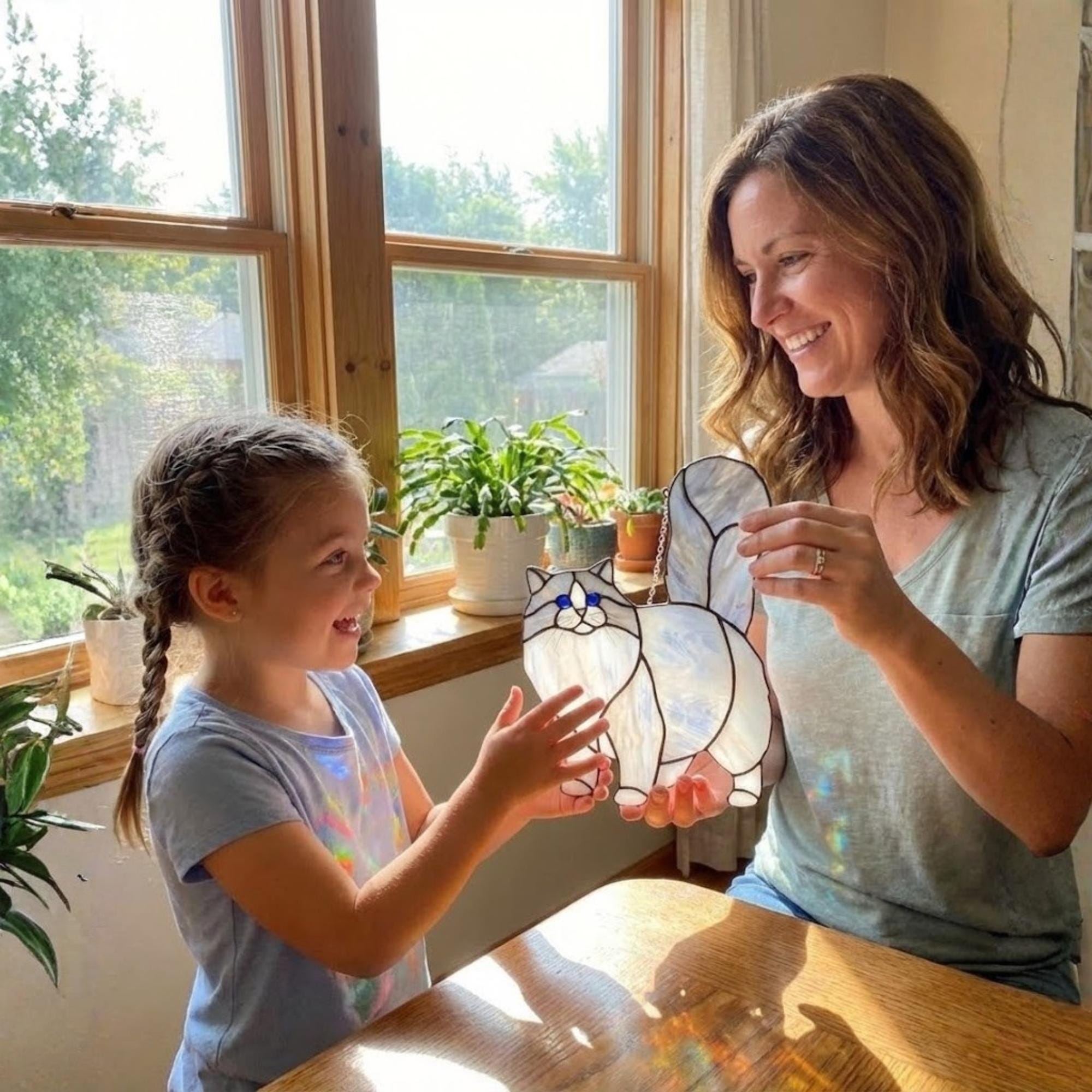 Mother and daughter admiring a white cat suncatcher, family pet gift idea.