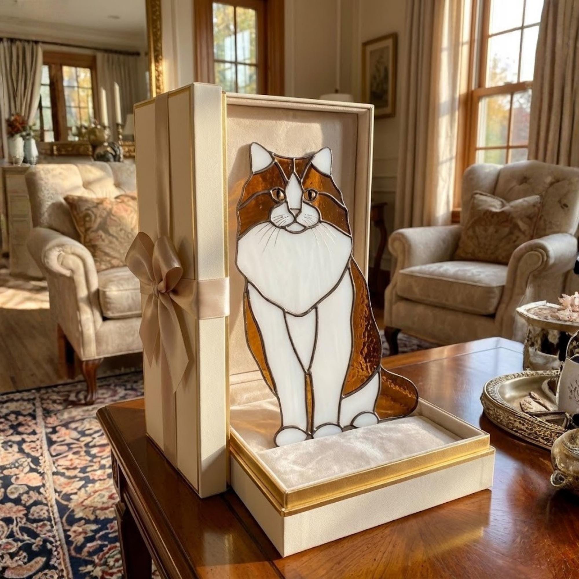 Stained glass cat inside luxury cream and gold gift box, premium packaging for pet loss gift.