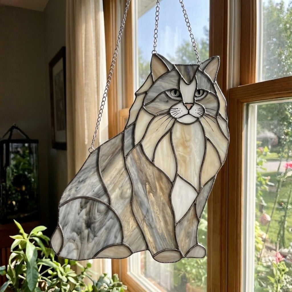 long haired grey tabby cat stained glass, Siberian cat lover gift.