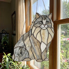 long haired grey tabby cat stained glass, Siberian cat lover gift.
