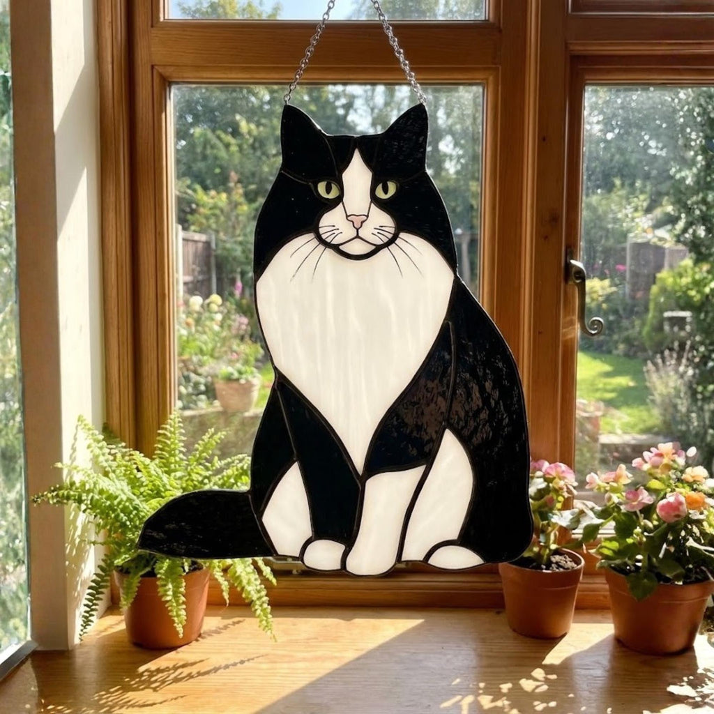 Pet Memorial Gift, Custom Pet Portrait Stained Glass, Maine Coon Ragdoll Tuxedo Art, Fluffy Cat Loss Gift, Christmas Ornament
