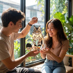 Couple holding a custom pet portrait stained glass gift, romantic present for cat lovers.