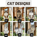 Catalog of stained glass cat designs including Maine Coon, Ragdoll, and Persian options.
