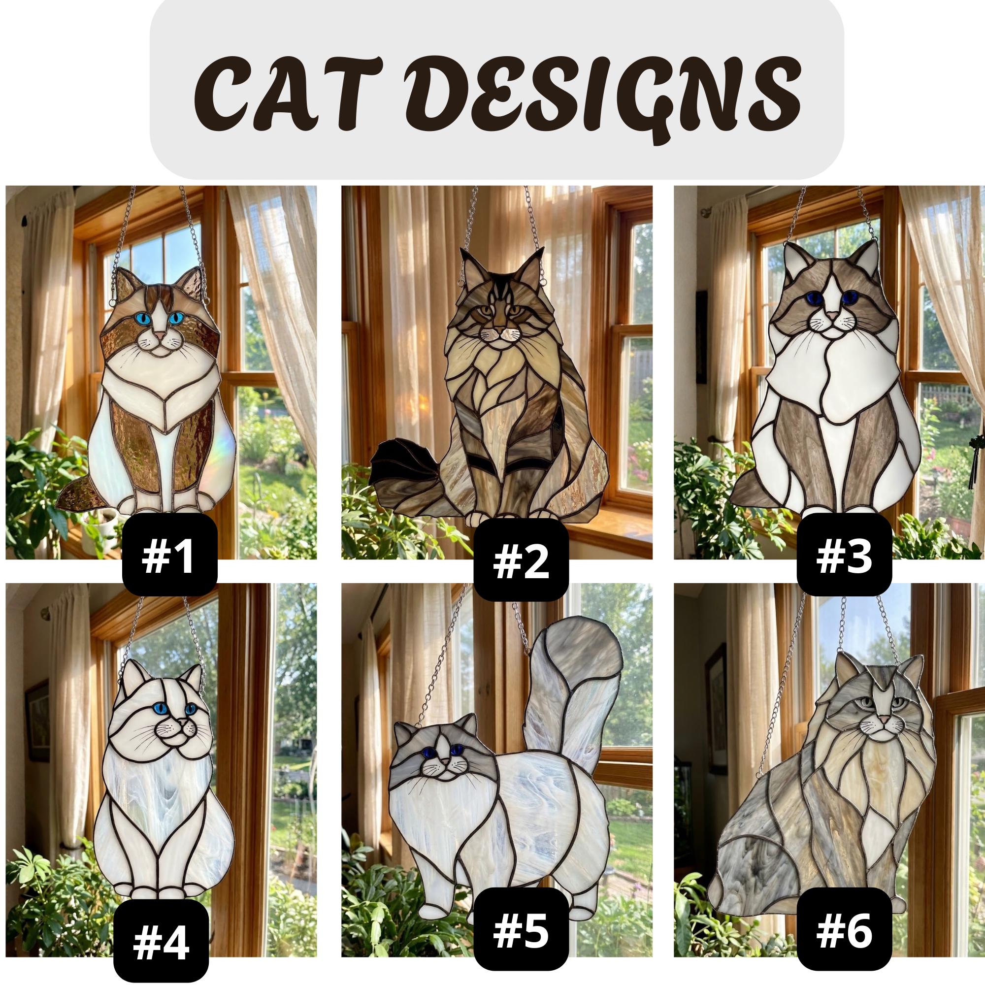 Catalog of stained glass cat designs including Maine Coon, Ragdoll, and Persian options.