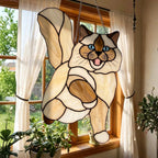 Playful Ragdoll cat with fluffy tail stained glass, cute kitty window decor.
